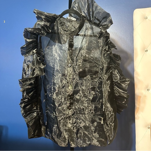 Black Sheer Ruffle Men's Button Down - Picture 3 of 9